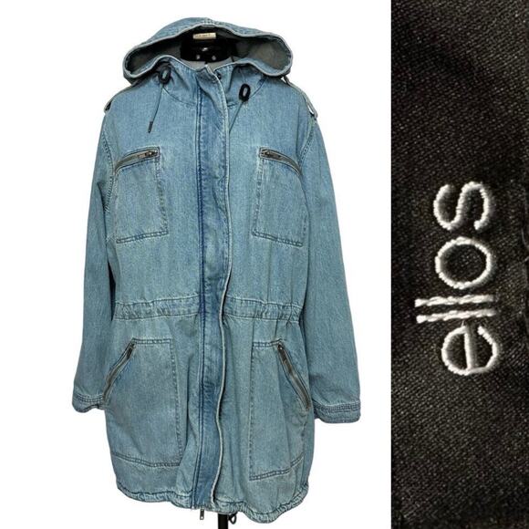 Ellos Hooded Denim Barn Chore Coat A-Line Silhouette Jean Anorak Jacket Sz: 24 - Picture 1 of 9